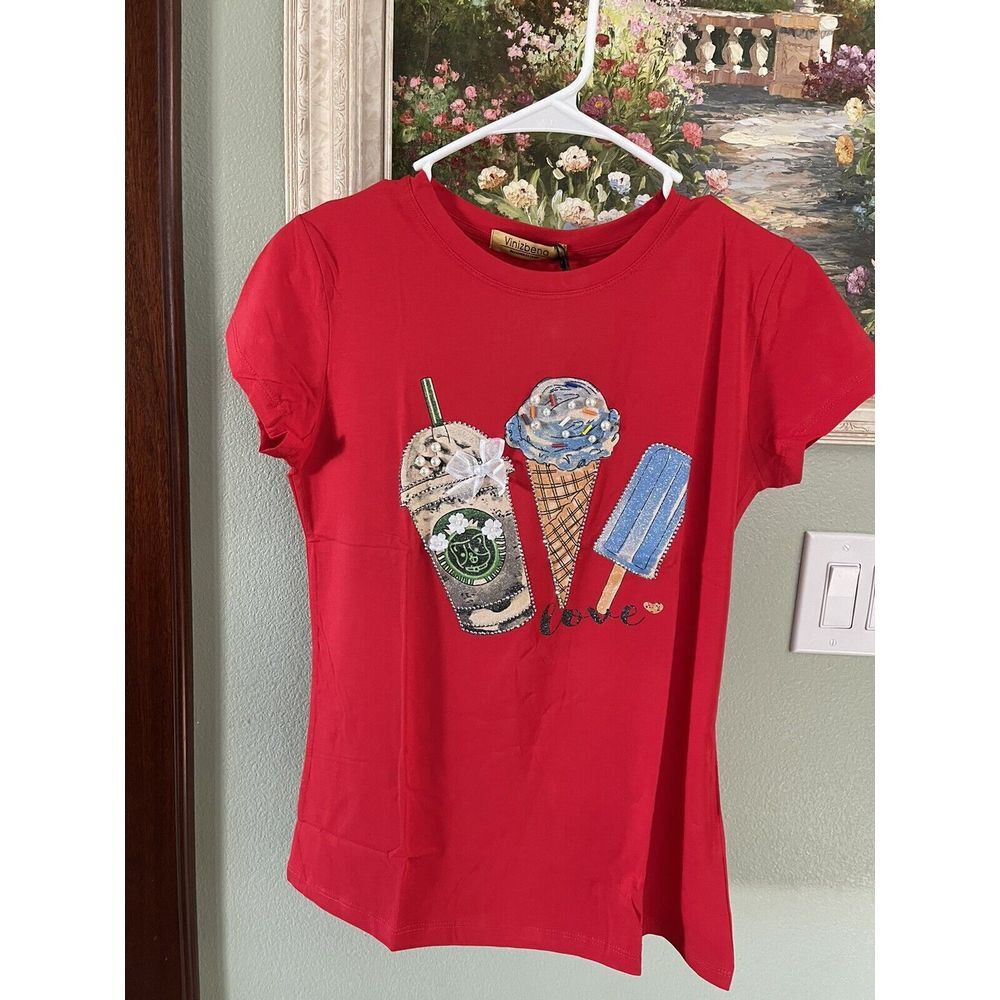 Size Fashion Vinizbena  Drink  & Ice Cream   Red   Women's T-Shirt New Small
